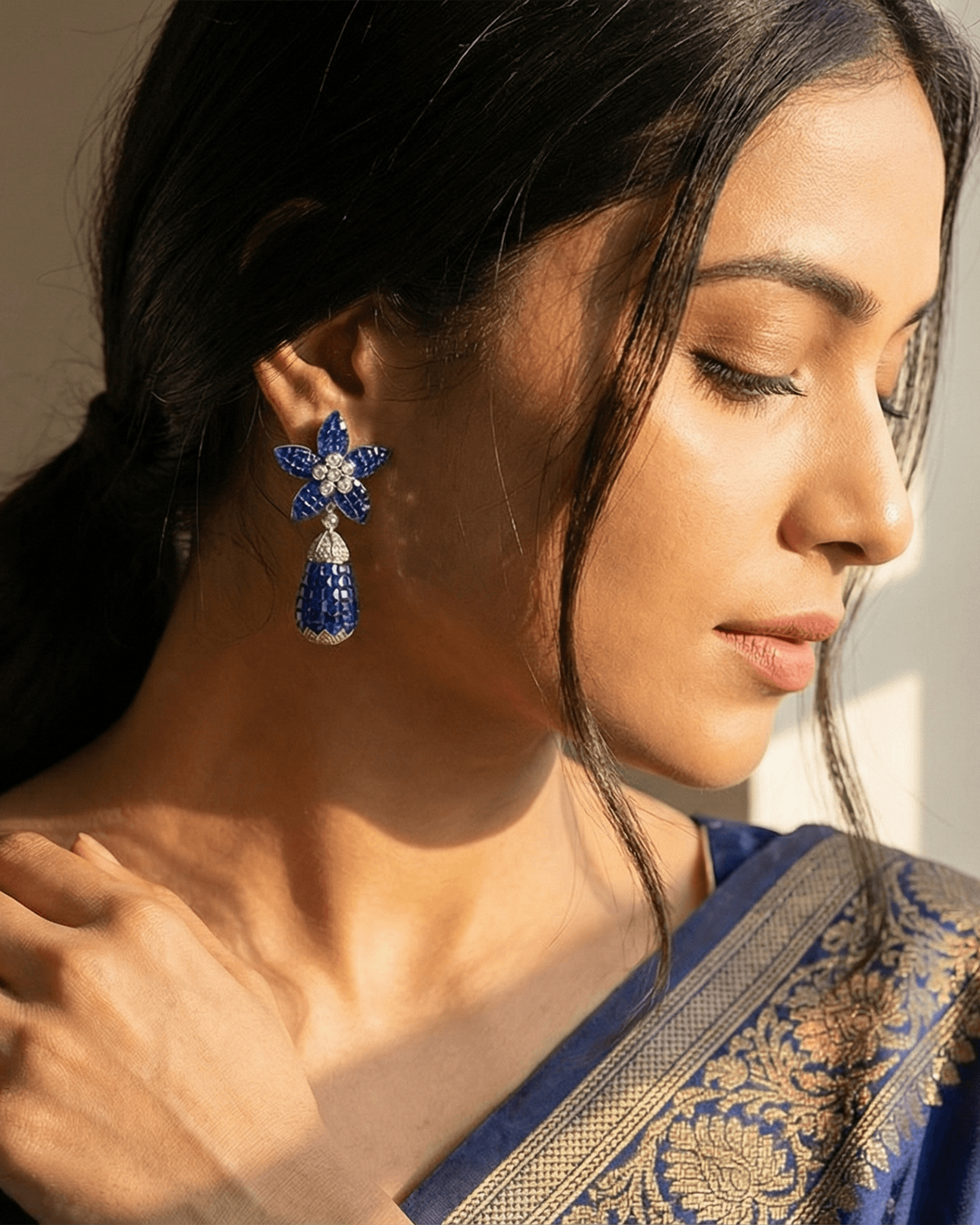 92.5 Sterling Silver Blue Sapphire Color Floral Drop Earrings | Invisible Set Mosaic Dangle