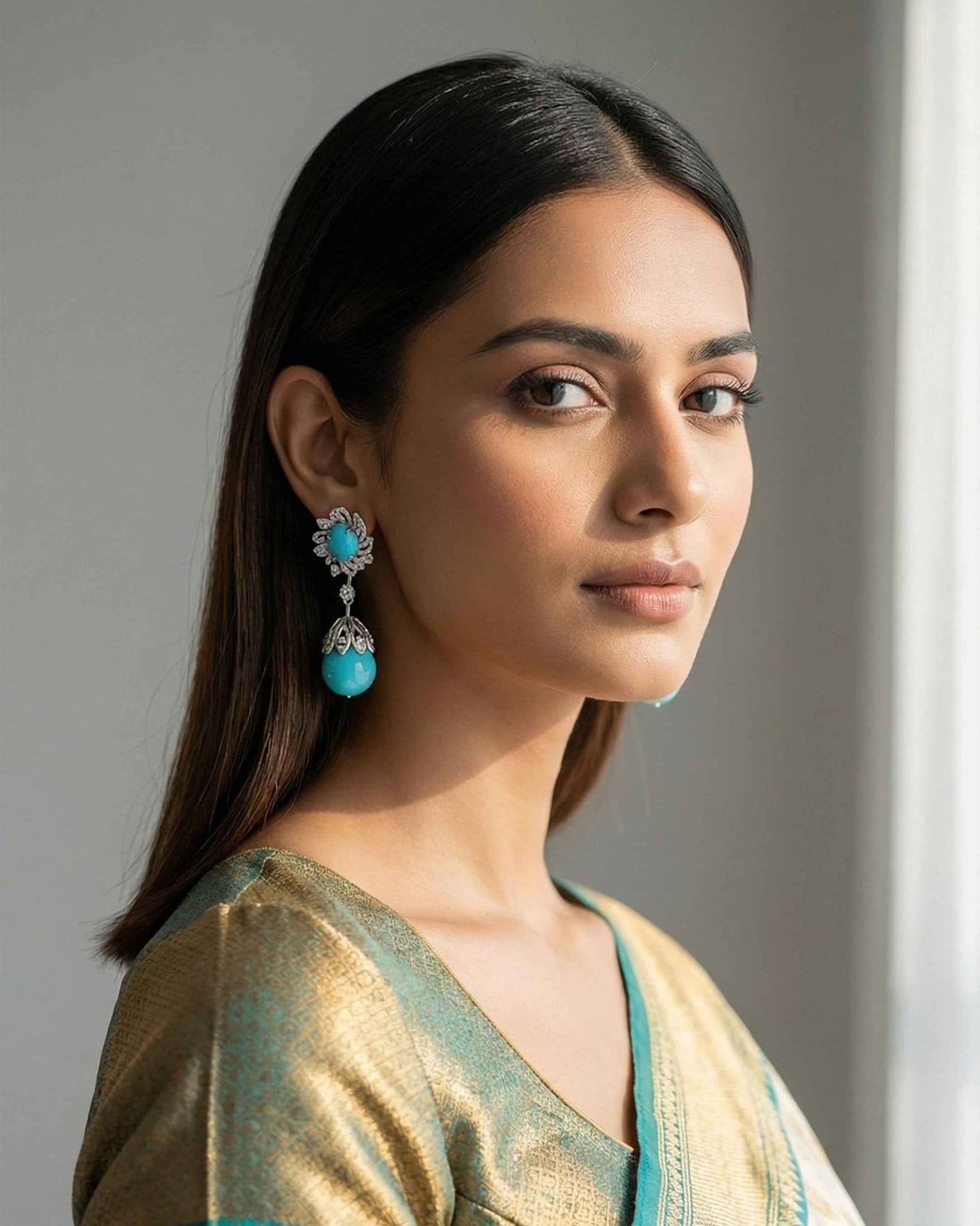 92.5 Sterling Silver Real Turquoise Statement Drop Earrings | Floral CZ Firoza Dangle