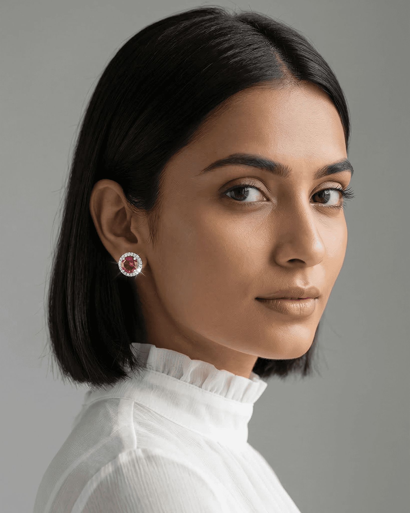 92.5 Sterling Silver Pink Ruby CZ Halo Stud Earrings | Classic Round Solitaire