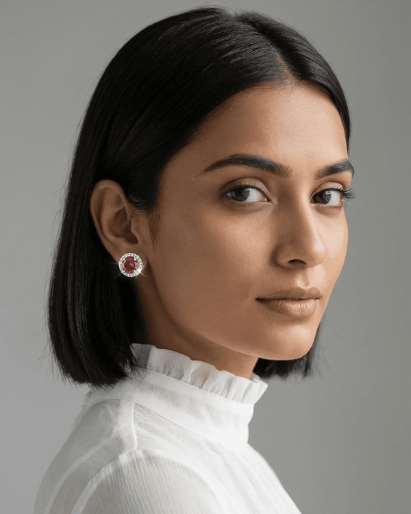 92.5 Sterling Silver Pink Ruby CZ Halo Stud Earrings | Classic Round Solitaire