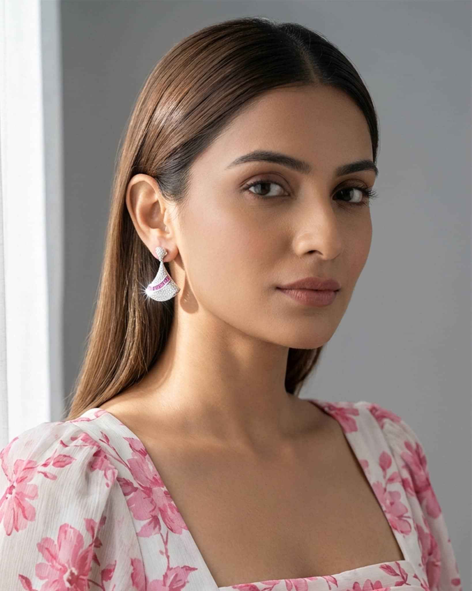 92.5 Sterling Silver CZ Fan Drop Earrings | Pink Ruby Channel Dangle