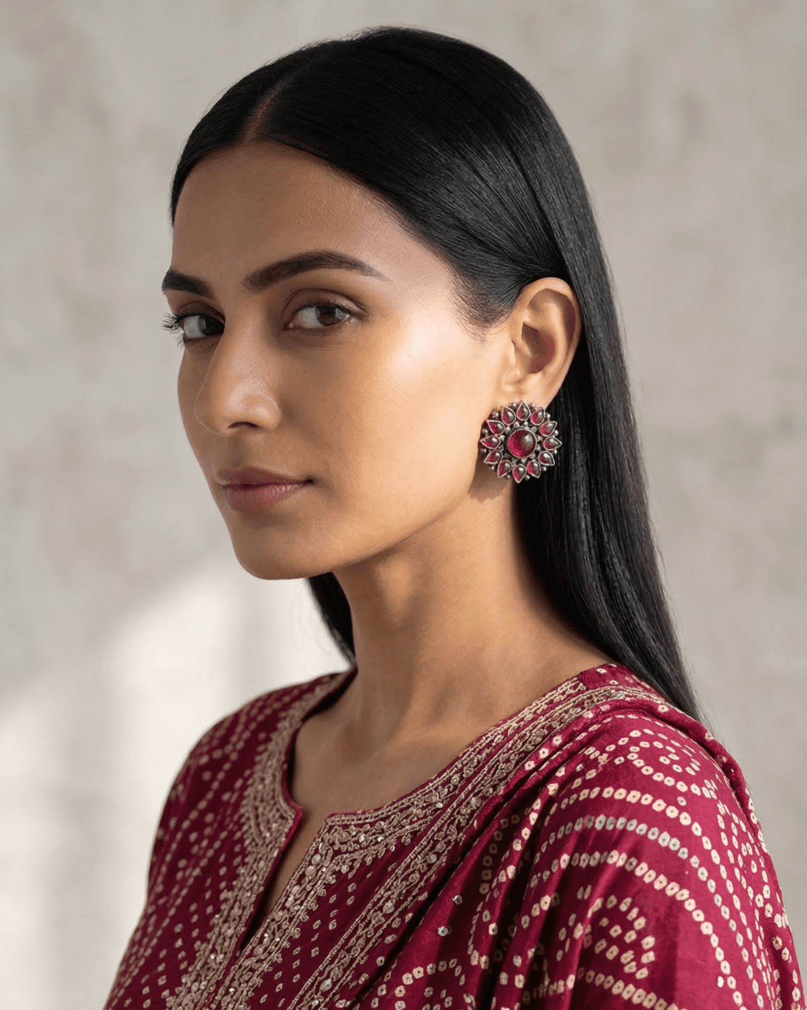 92.5 Sterling Silver Oxidized Floral Studs | Antique Pink Ruby Statement Earrings