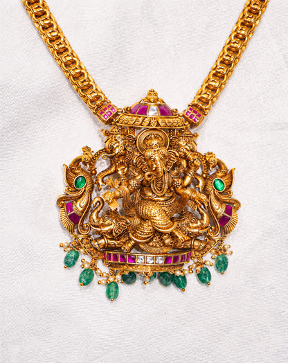 Ganesha Antique Temple Statement Necklace with Green Beads