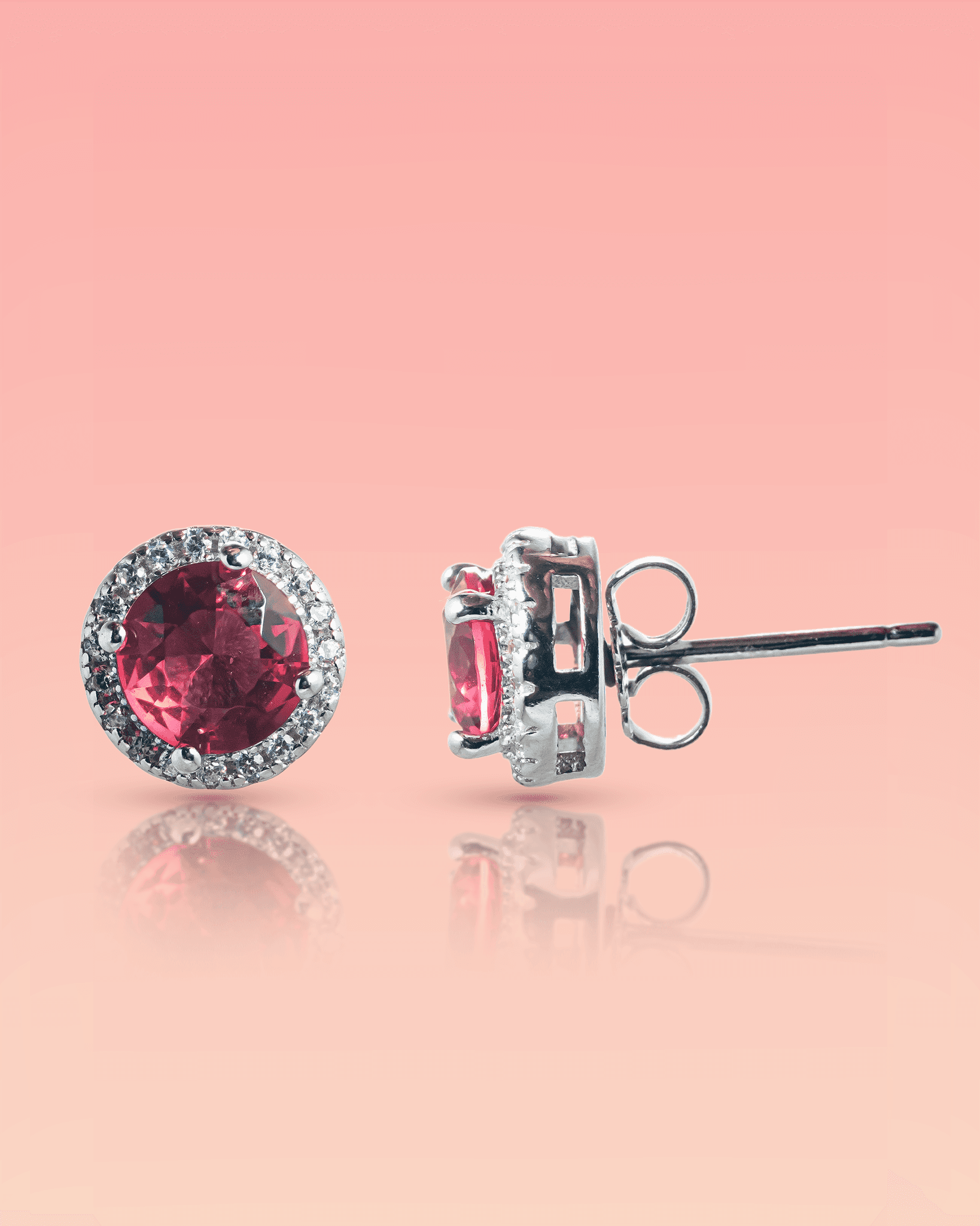 92.5 Sterling Silver Pink Ruby CZ Halo Stud Earrings | Classic Round Solitaire