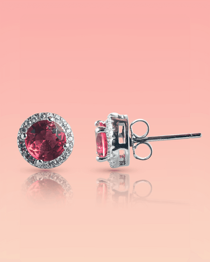 92.5 Sterling Silver Pink Ruby CZ Halo Stud Earrings | Classic Round Solitaire