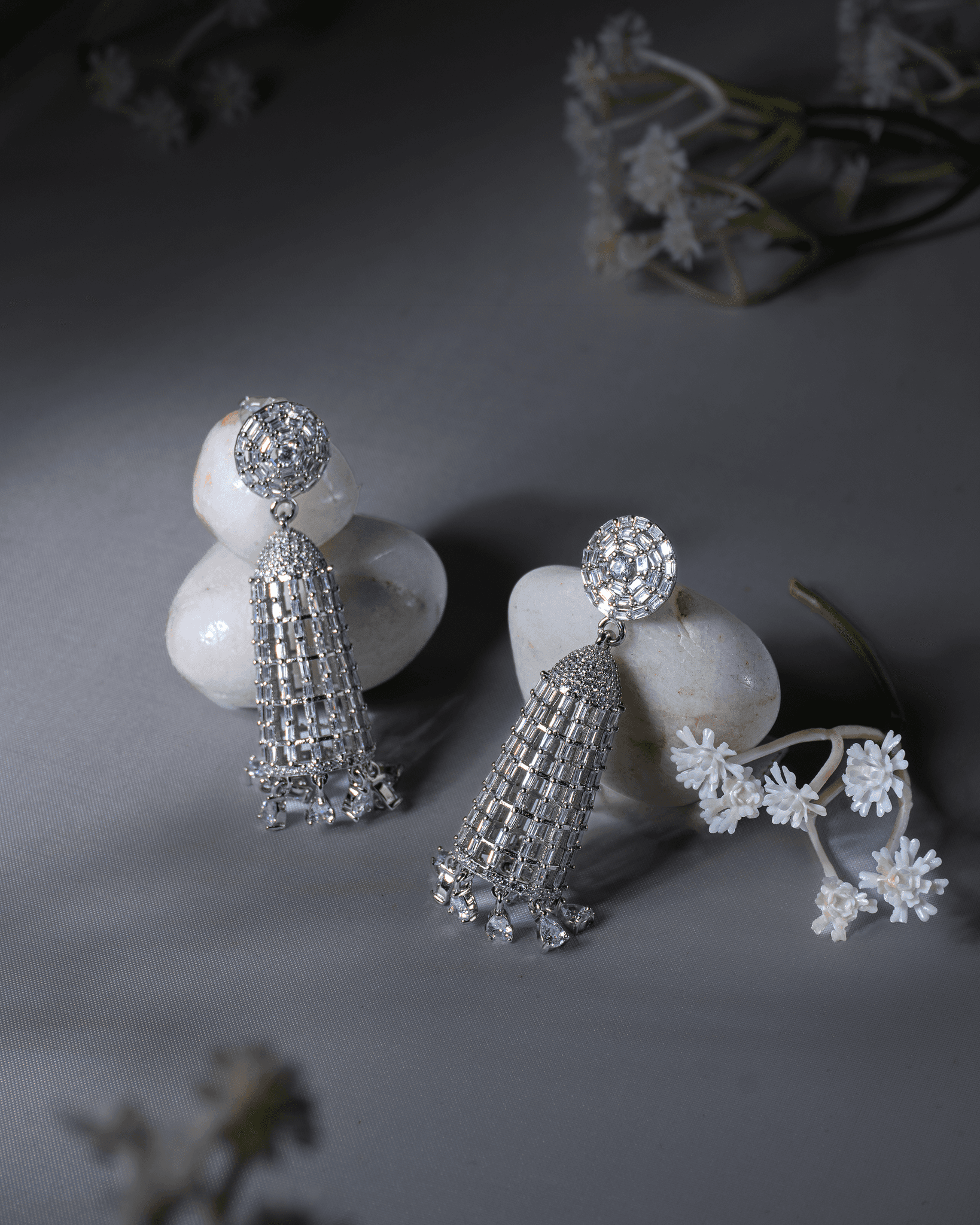 92.5 Sterling Silver Baguette CZ Long Jhumka Earrings | Modern Diamond-Look Bell Drops