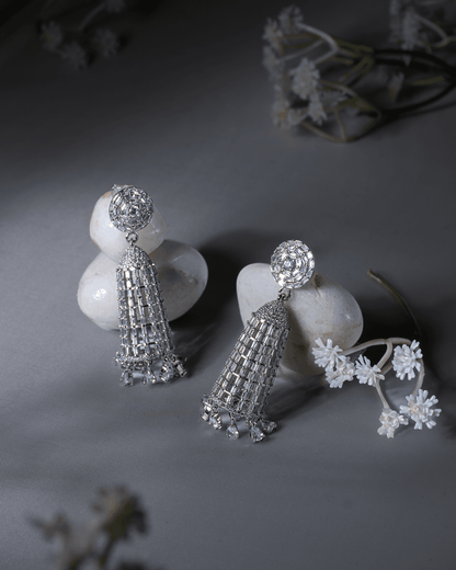 92.5 Sterling Silver Baguette CZ Long Jhumka Earrings | Modern Diamond-Look Bell Drops