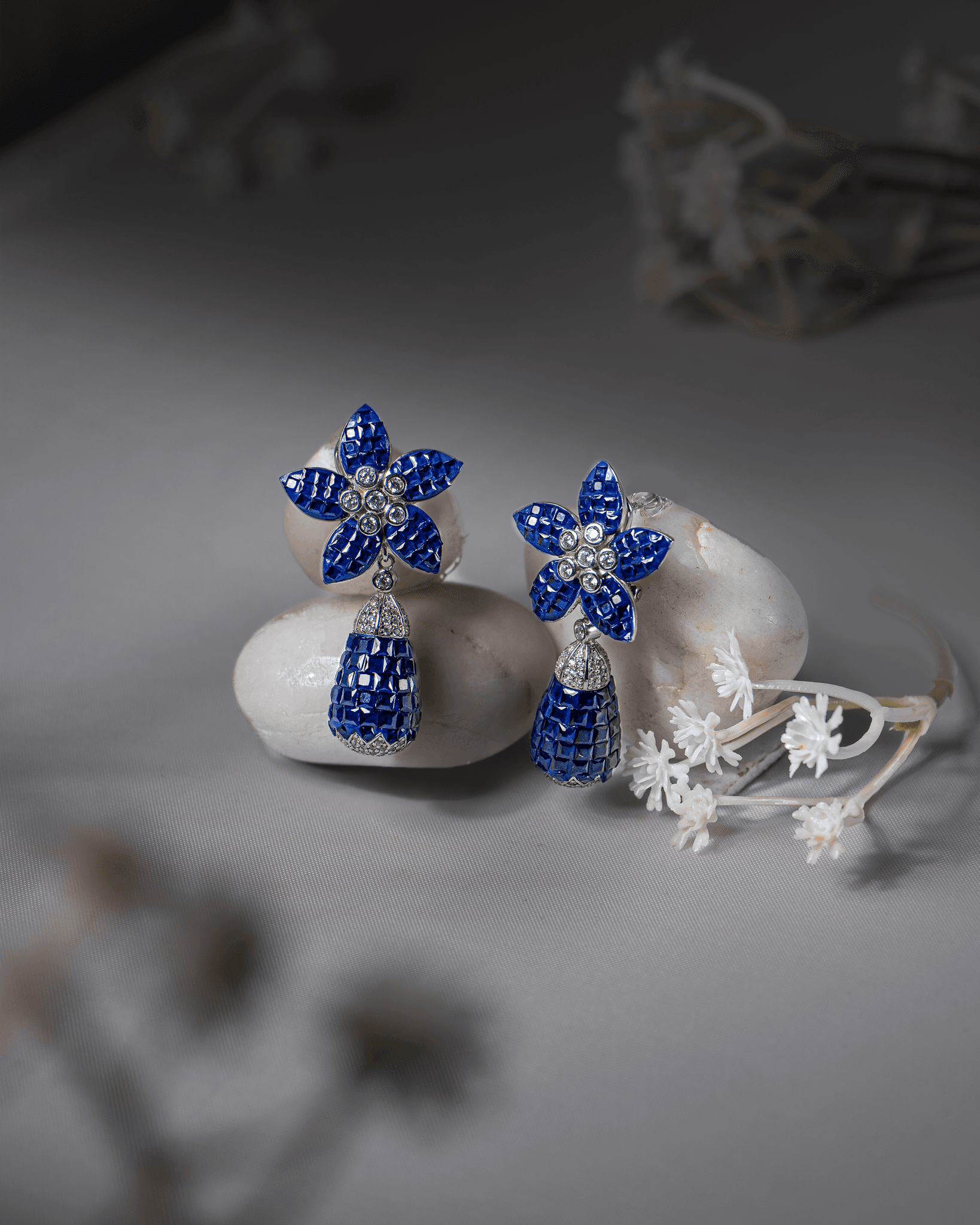 92.5 Sterling Silver Blue Sapphire Color Floral Drop Earrings | Invisible Set Mosaic Dangle