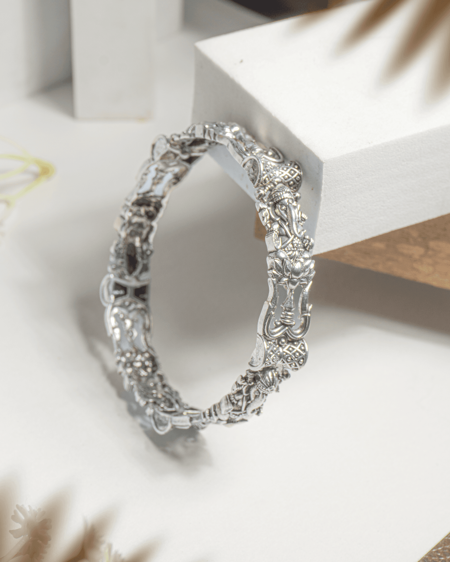 92.5 Sterling Silver Oxidized Ganesha Bangle | Antique Lotus Temple Kada