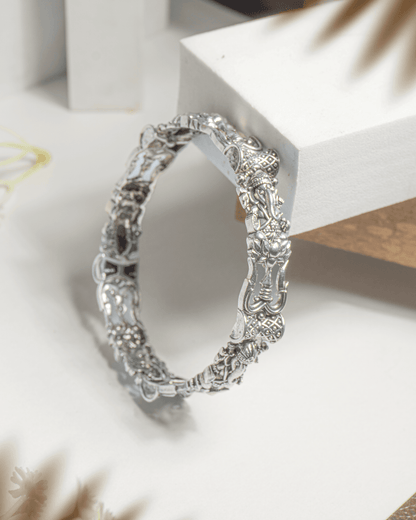 92.5 Sterling Silver Oxidized Ganesha Bangle | Antique Lotus Temple Kada