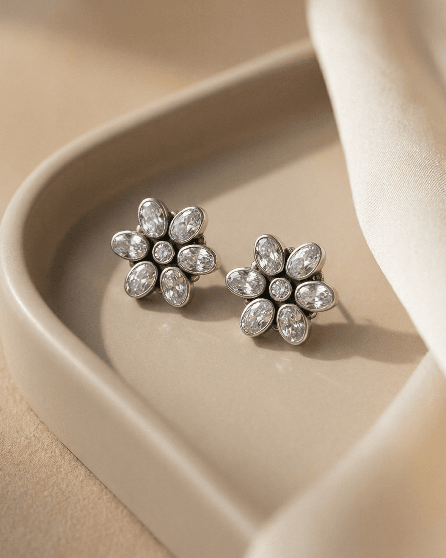 92.5 Sterling Silver Oxidized AD Floral Pendant Set | Stud Earrings (Chain Not Included)