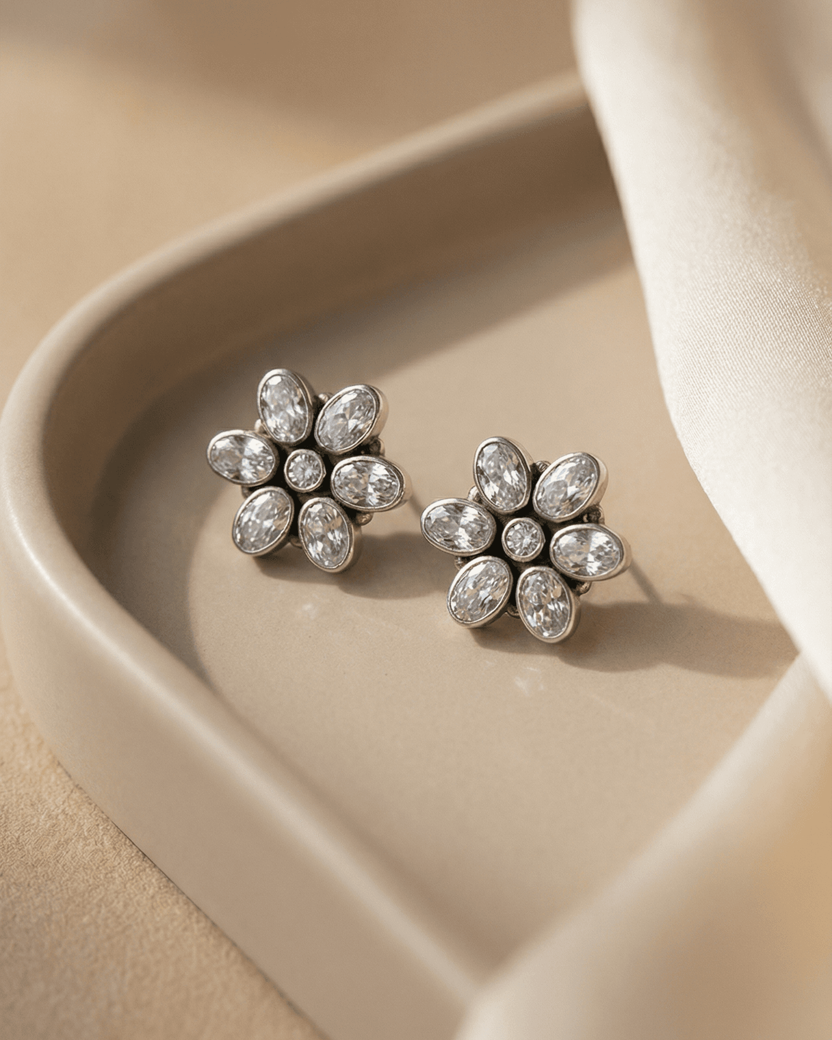 92.5 Sterling Silver Oxidized AD Floral Pendant Set | Stud Earrings (Chain Not Included)