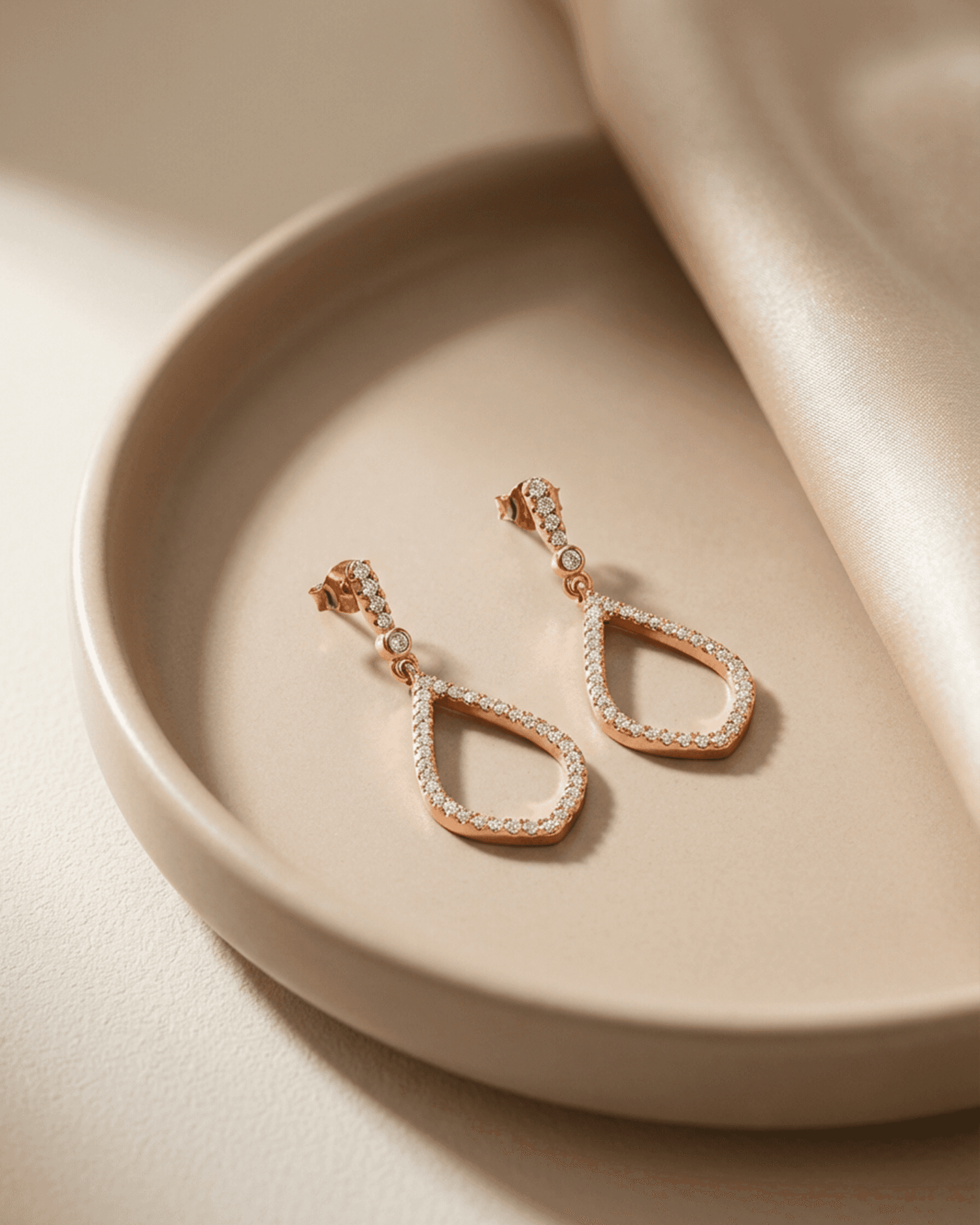 92.5 Sterling Silver Rose Gold Open Teardrop Pendant Set | CZ Dangle Studs (Chain Not Included)