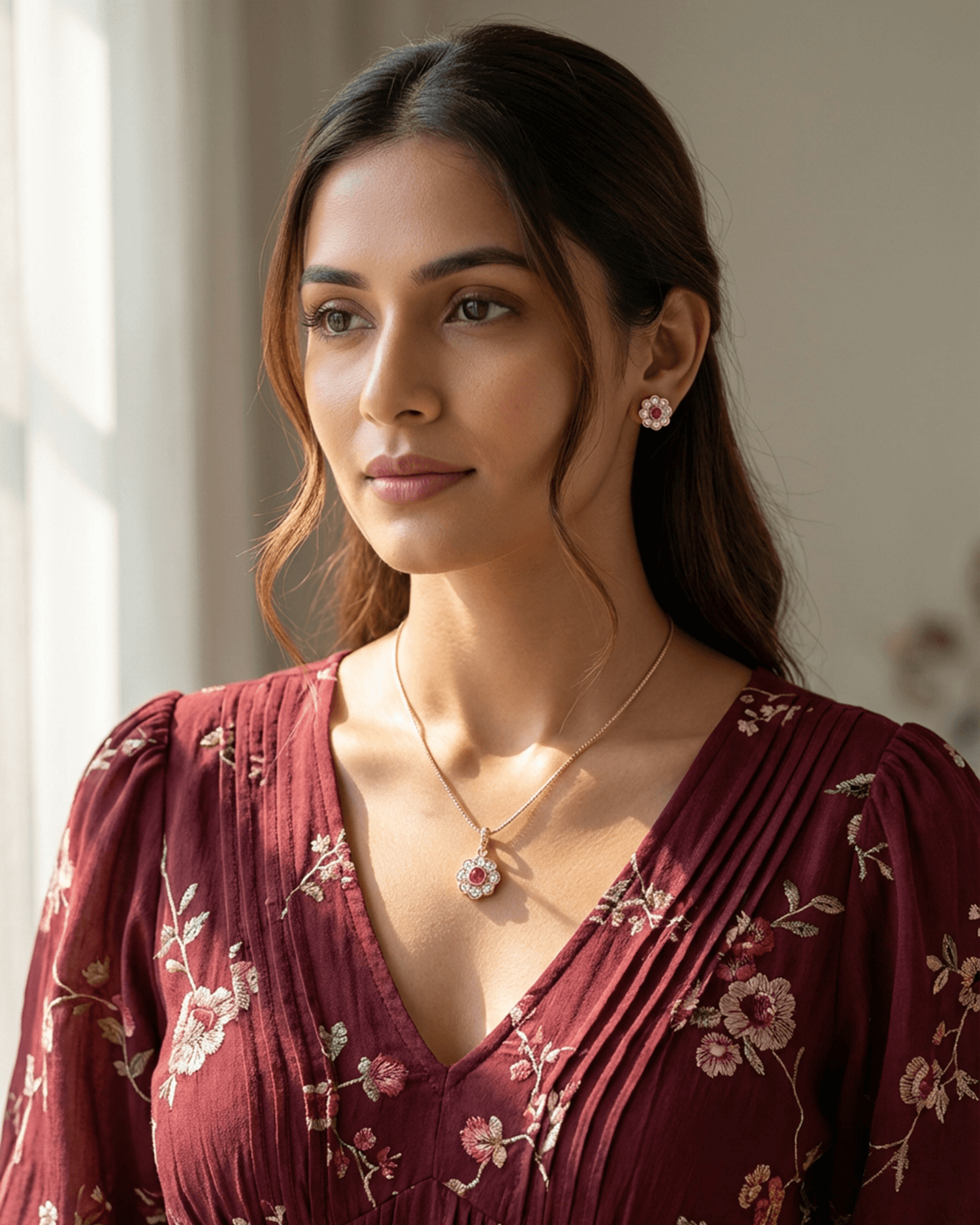 92.5 Sterling Silver Rose Gold Ruby Floral Pendant Set | CZ Halo Studs (Chain Not Included)