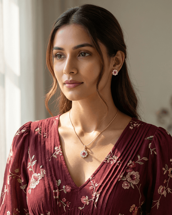 92.5 Sterling Silver Rose Gold Ruby Floral Pendant Set | CZ Halo Studs (Chain Not Included)