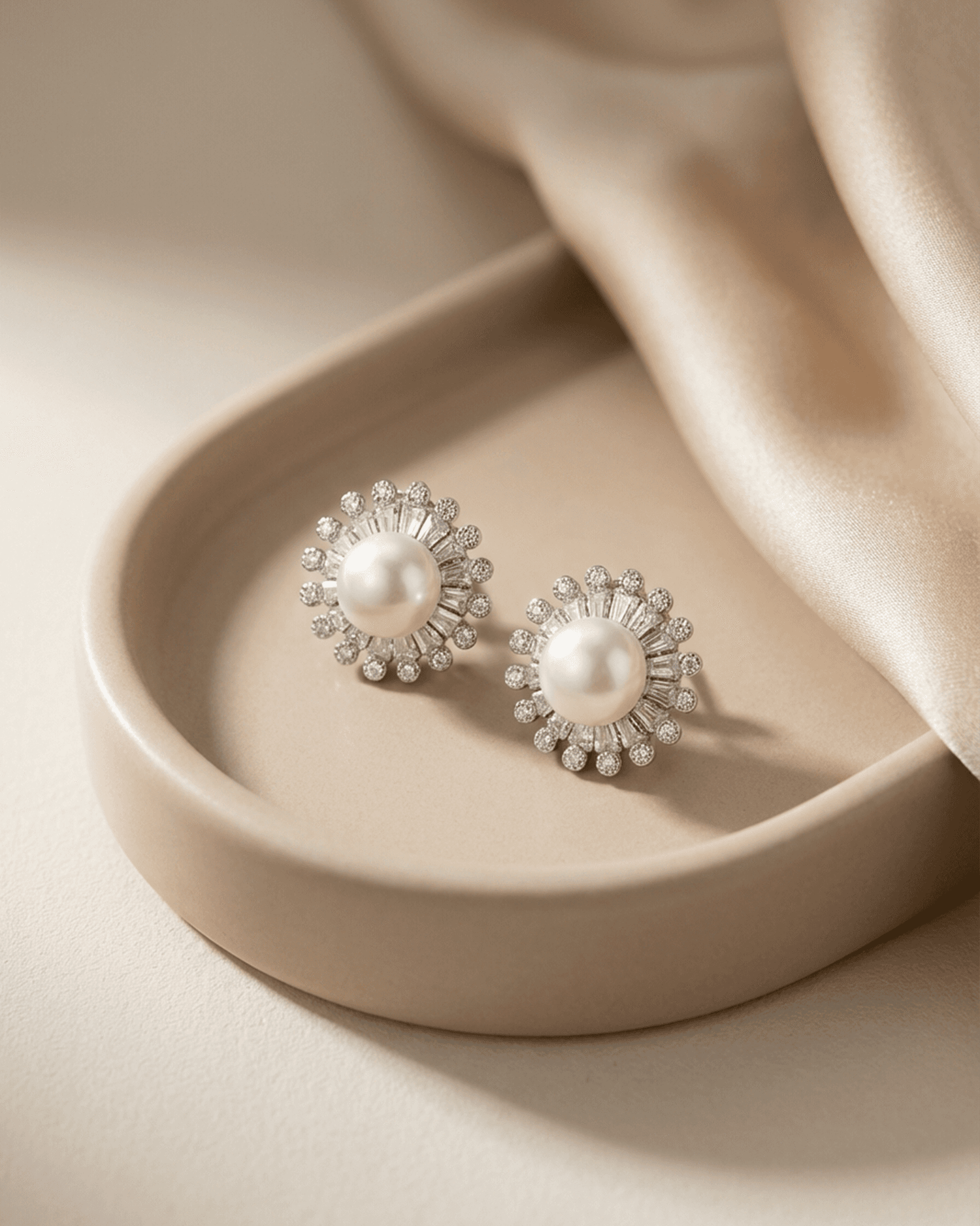 92.5 Sterling Silver Pearl &amp; Baguette CZ Pendant Set | Royal Sunburst Halo (Chain Not Included)