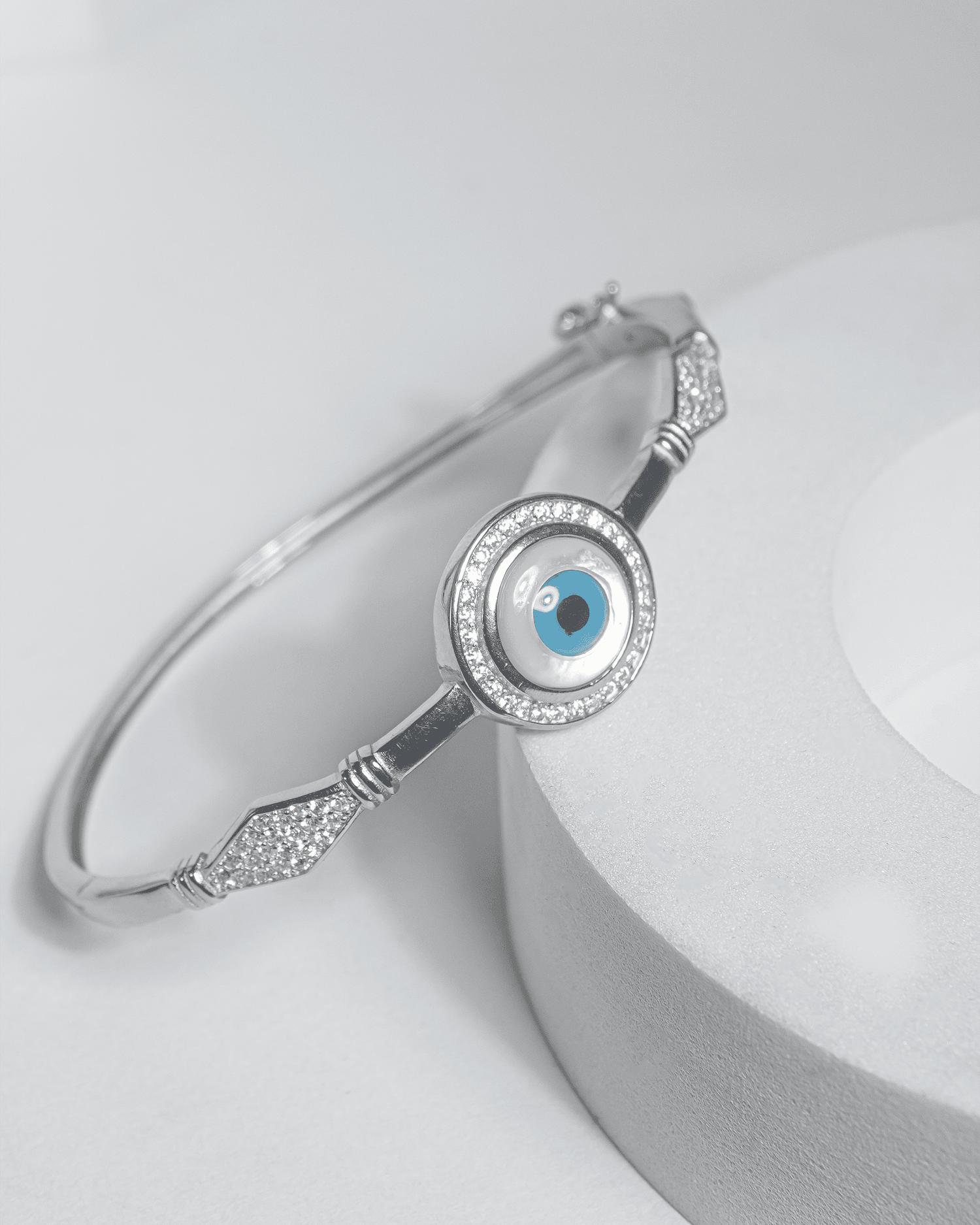 92.5 Sterling Silver Evil Eye Bangle | CZ Halo Protective Cuff