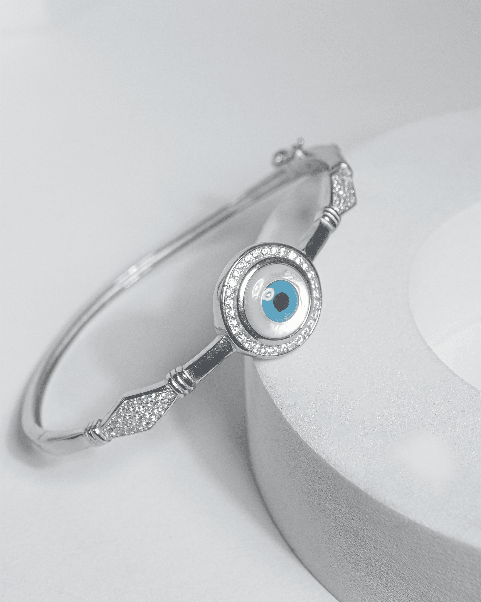 92.5 Sterling Silver Evil Eye Bangle | CZ Halo Protective Cuff