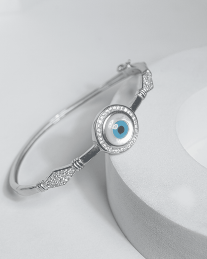 92.5 Sterling Silver Evil Eye Bangle | CZ Halo Protective Cuff