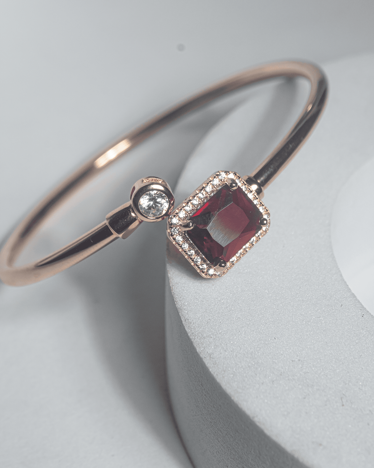 92.5 Sterling Silver Rose Gold Ruby Cuff | Emerald Cut CZ Bypass Bangle