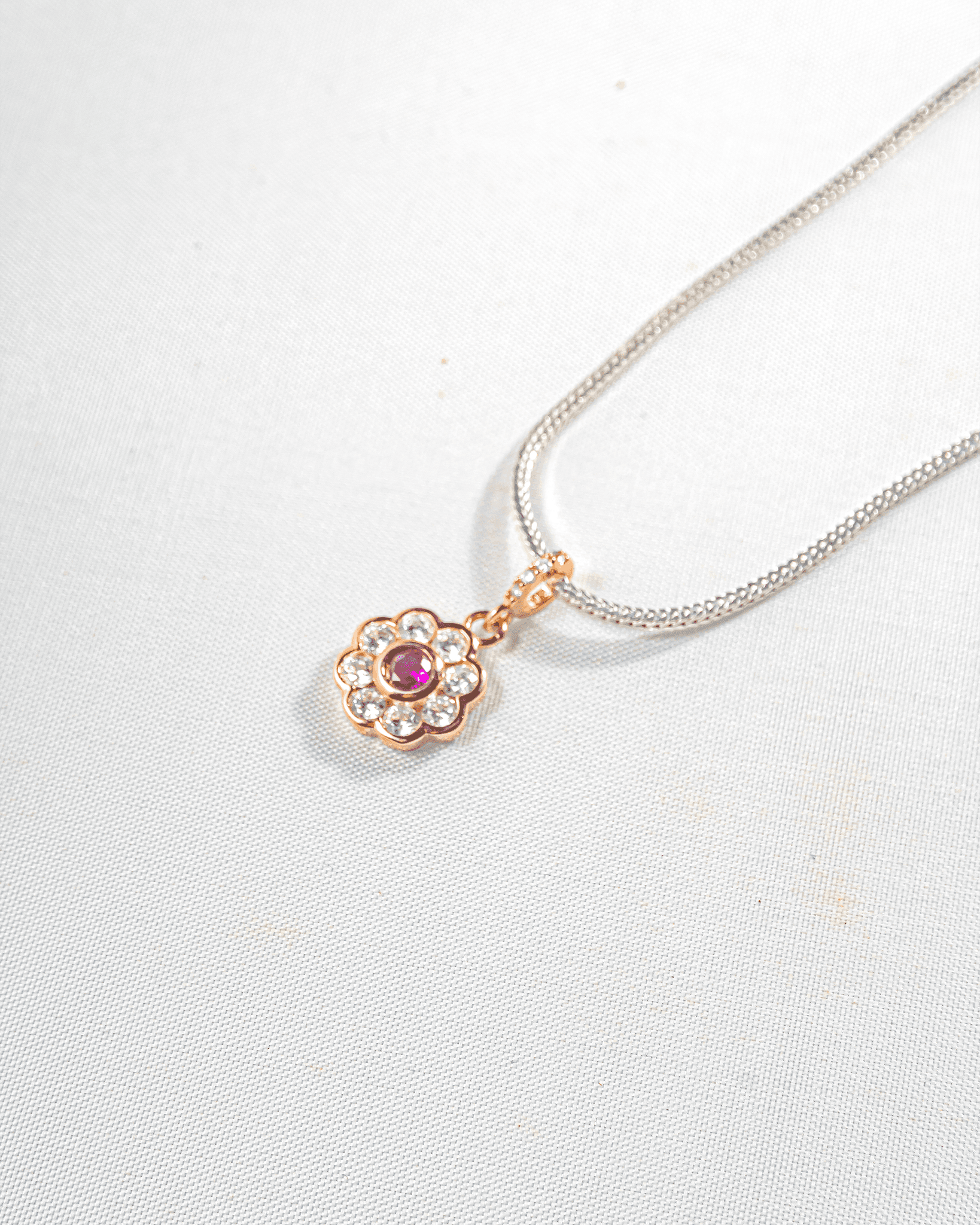 92.5 Sterling Silver Rose Gold Ruby Floral Pendant Set | CZ Halo Studs (Chain Not Included)