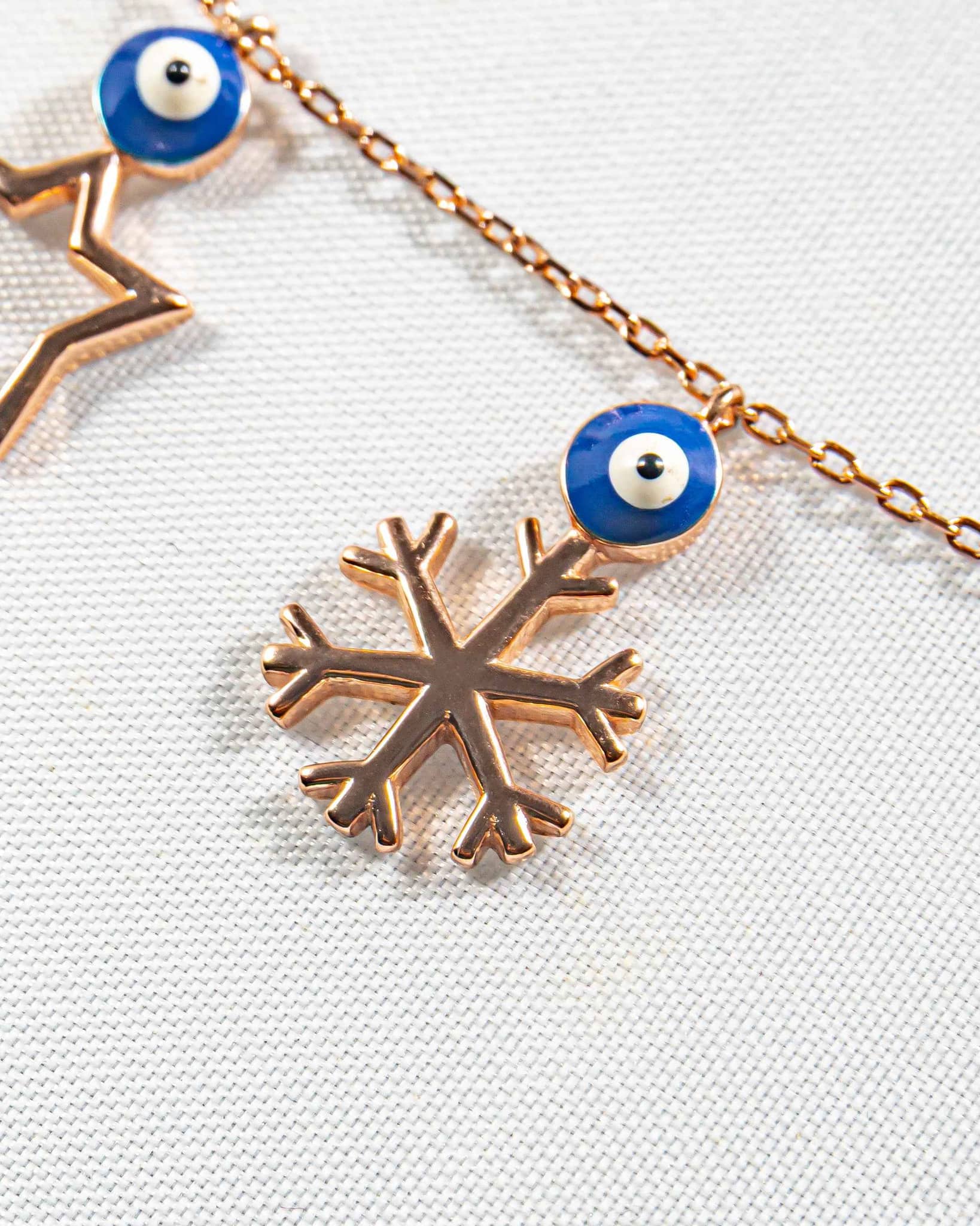 92.5 Sterling Silver Rose Gold Multi-Charm Evil Eye Necklace | Protective Dangle Chain