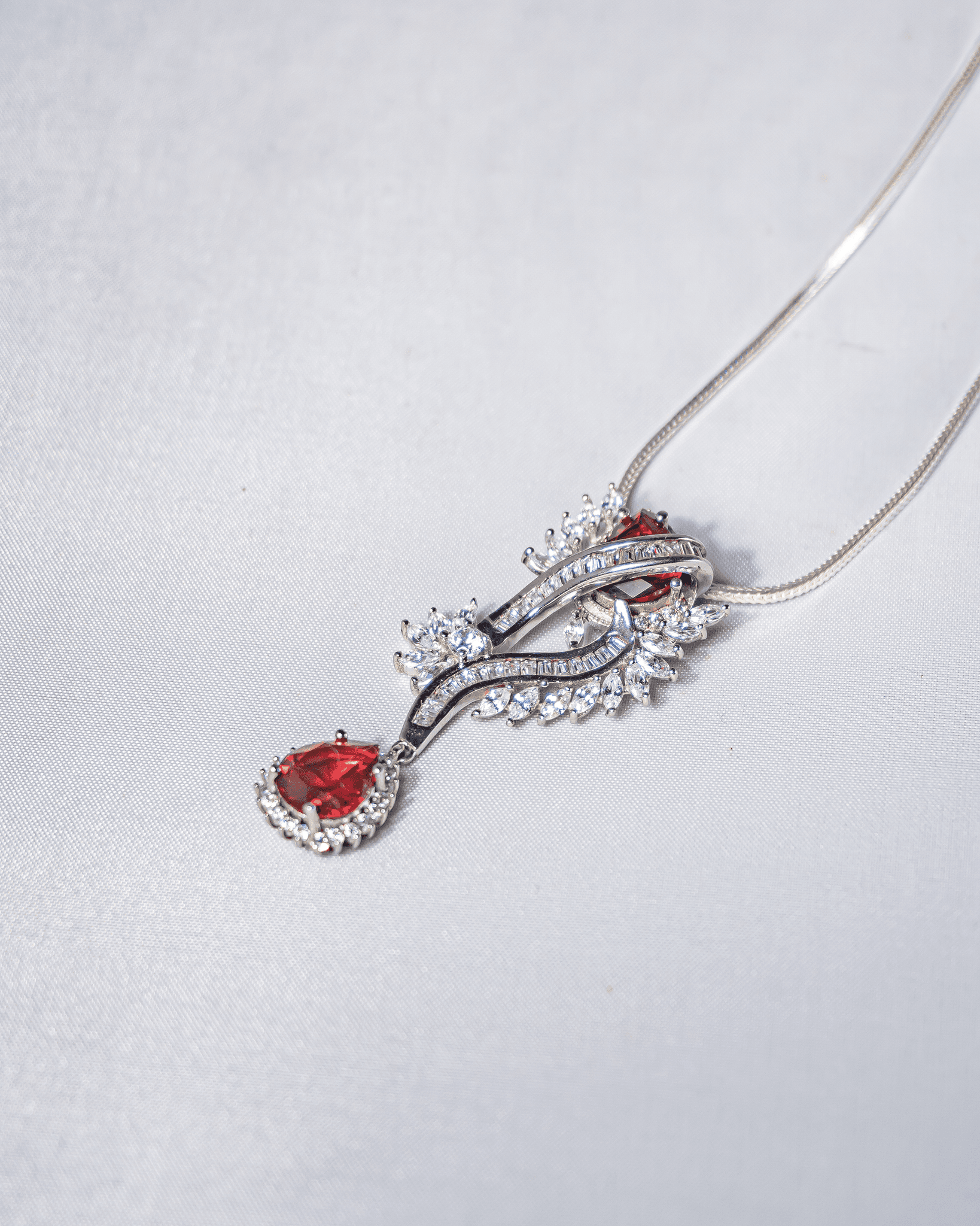 92.5 Sterling Silver Ruby Red CZ Statement Pendant Set | Baguette Swirl Drop (Chain Not Included)