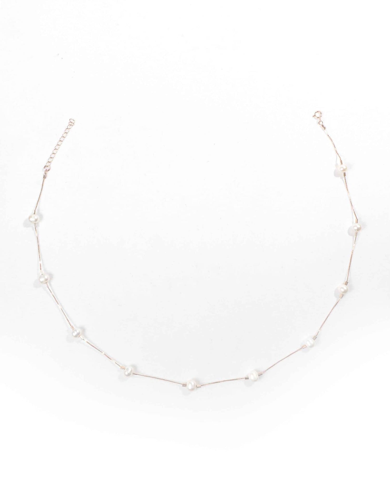 Product Title: 92.5 Sterling Silver Rose Gold Pearl Station Necklace | Classic Tin Cup Chain