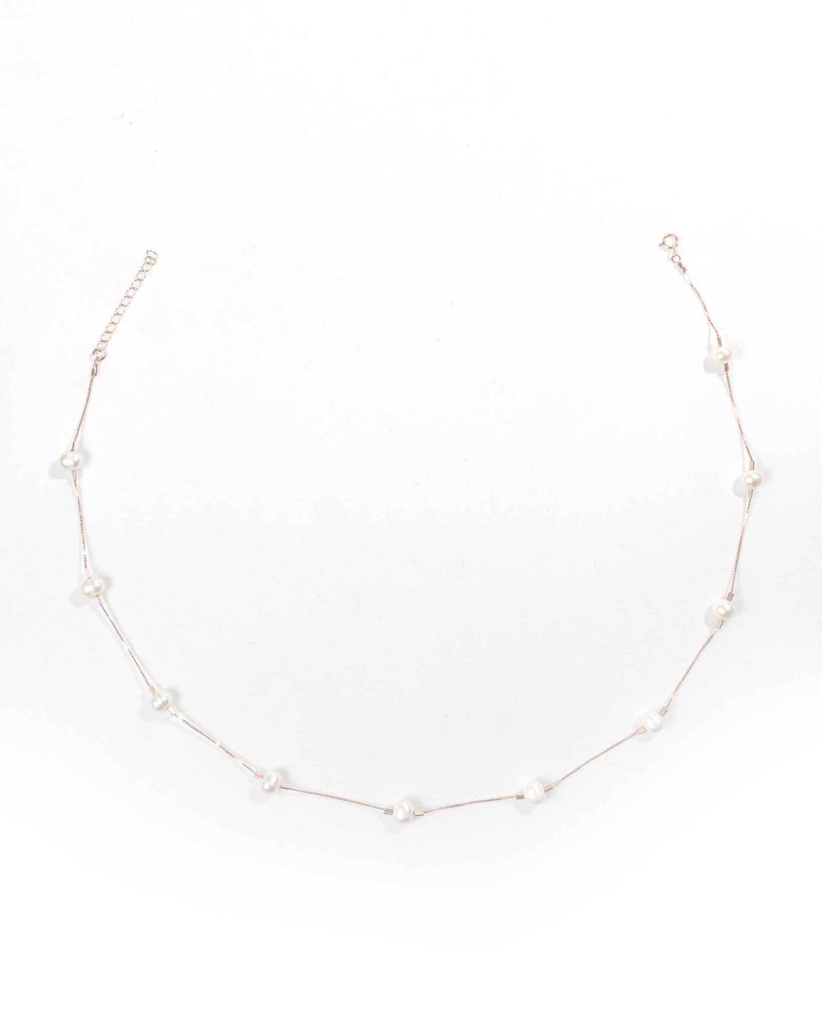 Product Title: 92.5 Sterling Silver Rose Gold Pearl Station Necklace | Classic Tin Cup Chain