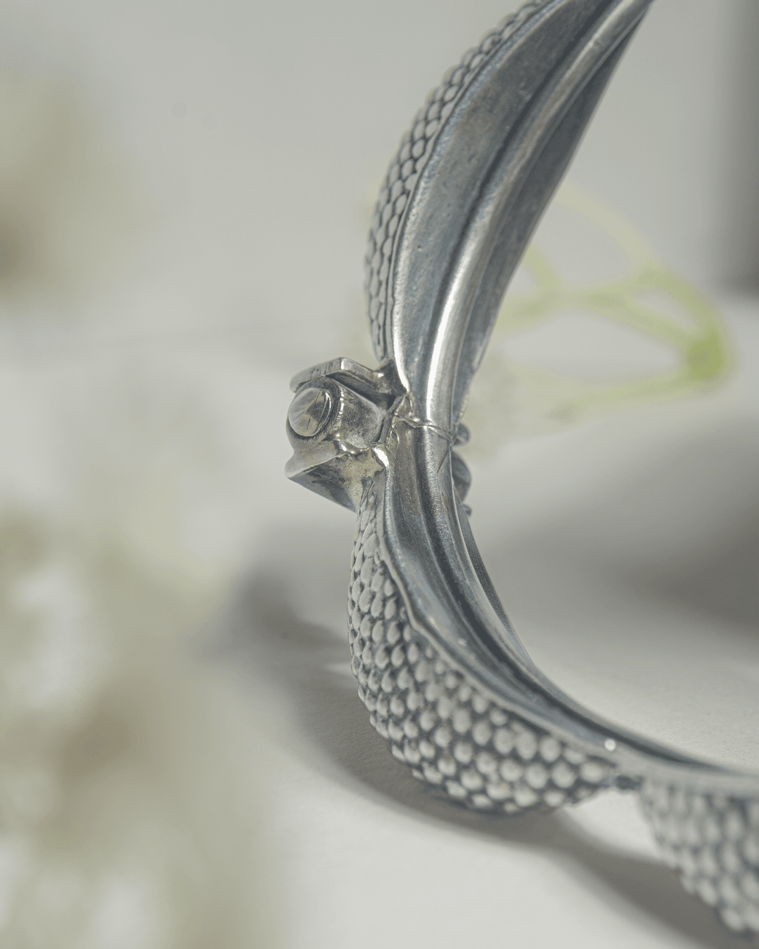 92.5 Sterling Silver Textured Scalloped Bangle | Tribal Beaded Hinged Kada