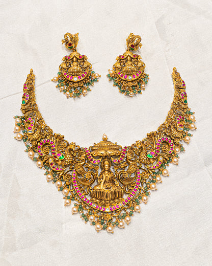 Lakshmi Peacock Antique Temple Necklace Set with Earrings