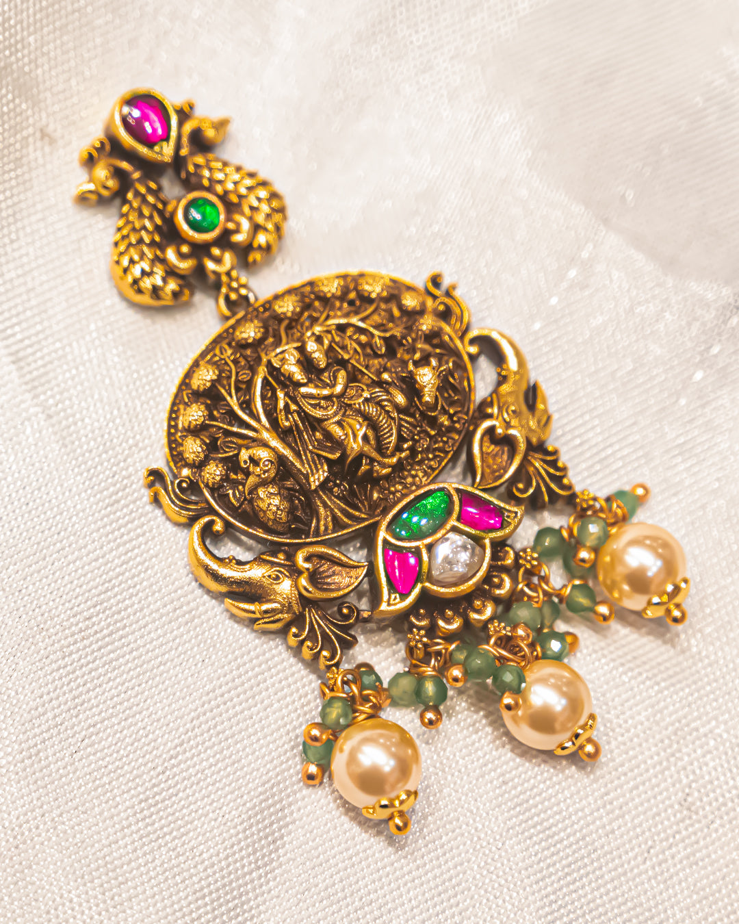 Radha Krishna Peacock Antique Temple Pendant Necklace Set