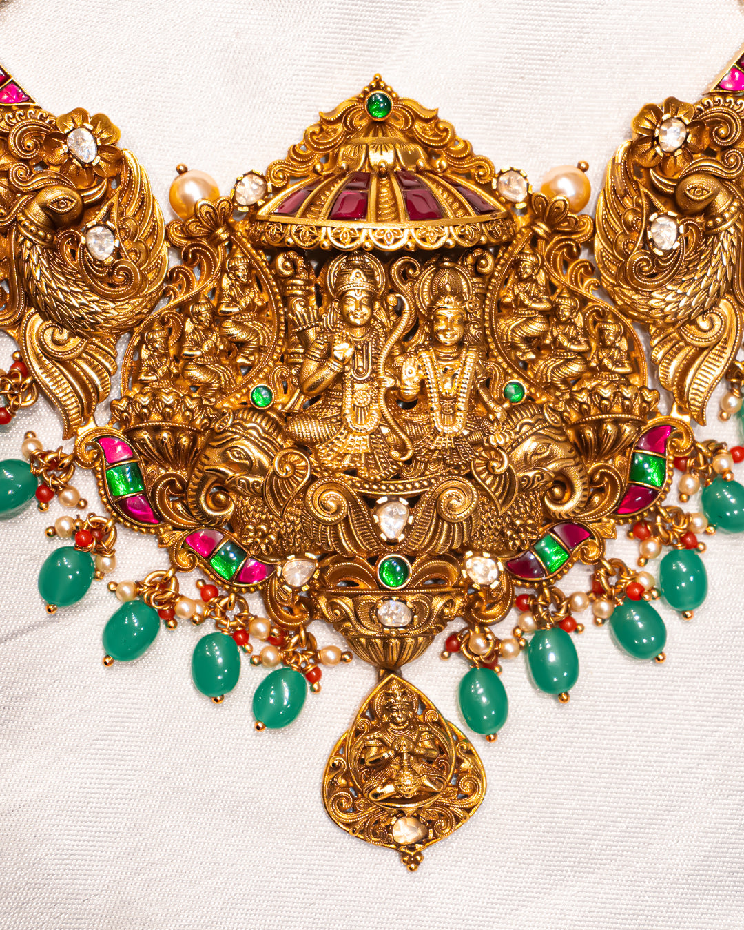 Ram Darbar Peacock Grand Antique Temple Necklace Set