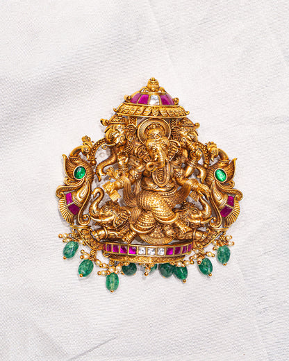 Ganesha Antique Temple Statement Necklace with Green Beads