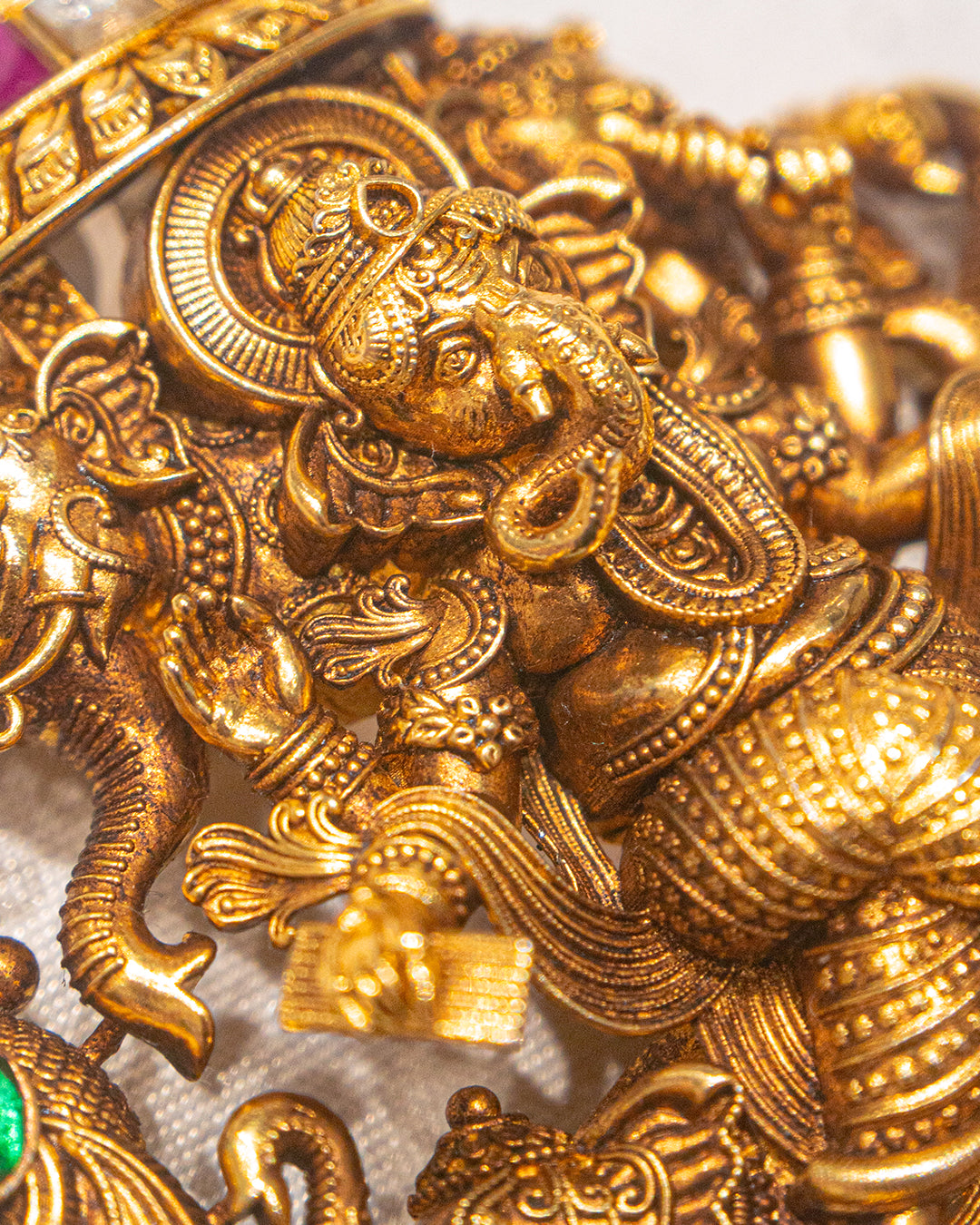 Ganesha Antique Temple Statement Necklace with Green Beads