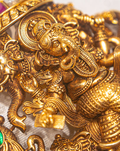 Ganesha Antique Temple Statement Necklace with Green Beads