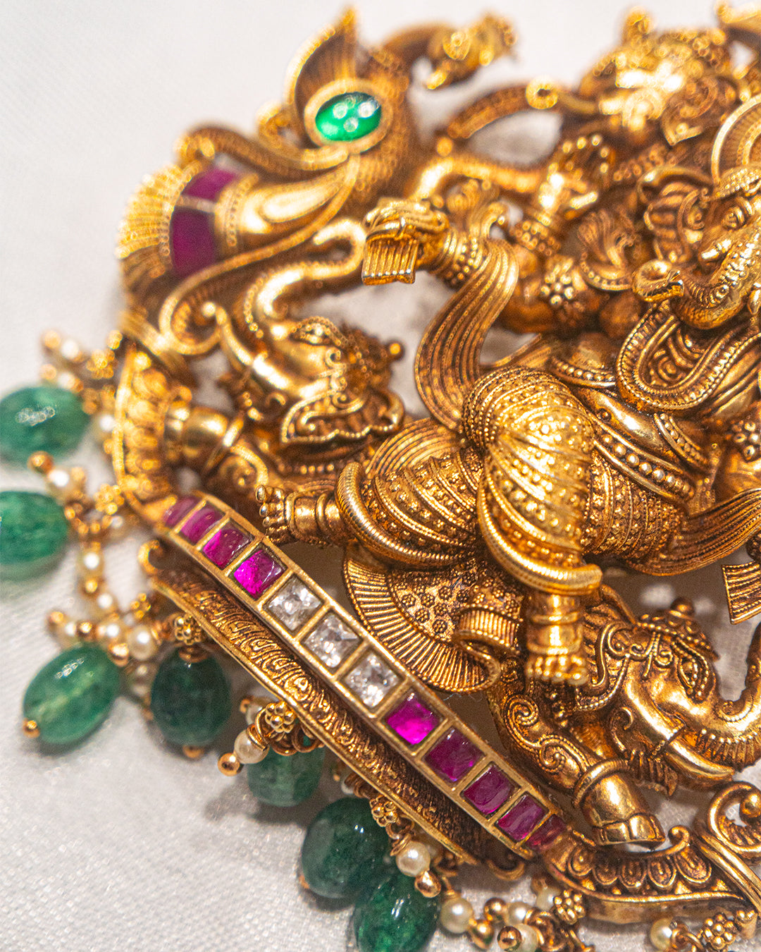 Ganesha Antique Temple Statement Necklace with Green Beads