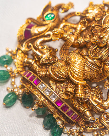 Ganesha Antique Temple Statement Necklace with Green Beads