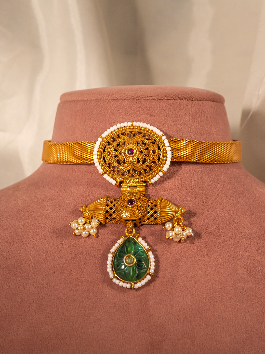 Heritage gold-plated silver choker with green drop pendant and filigree by Hardik Jewels
