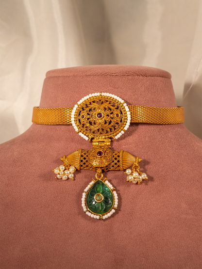 Heritage gold-plated silver choker with green drop pendant and filigree by Hardik Jewels