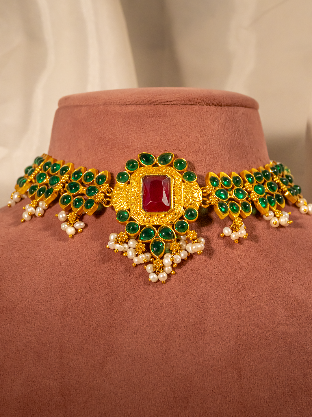 Emerald ruby temple gold-plated silver choker with pearls by Hardik Jewels