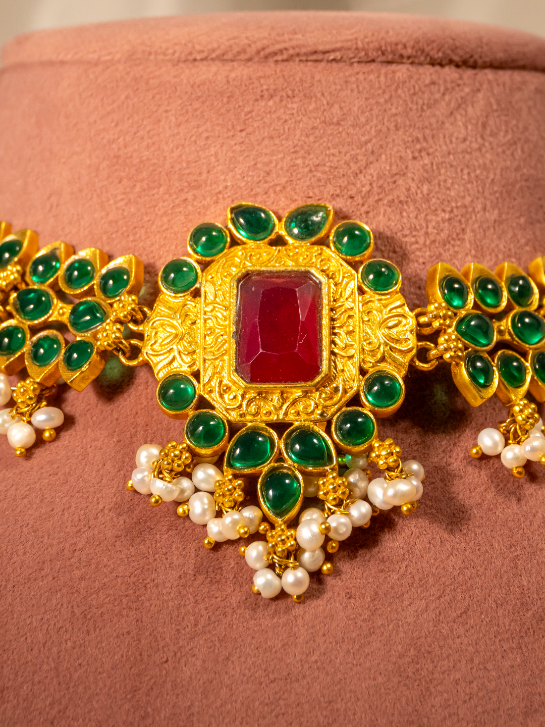 Emerald ruby temple gold-plated silver choker — front detail by Hardik Jewels