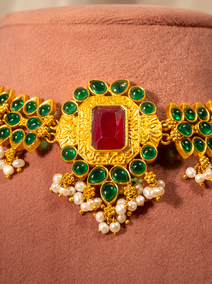 Emerald ruby temple gold-plated silver choker — front detail by Hardik Jewels