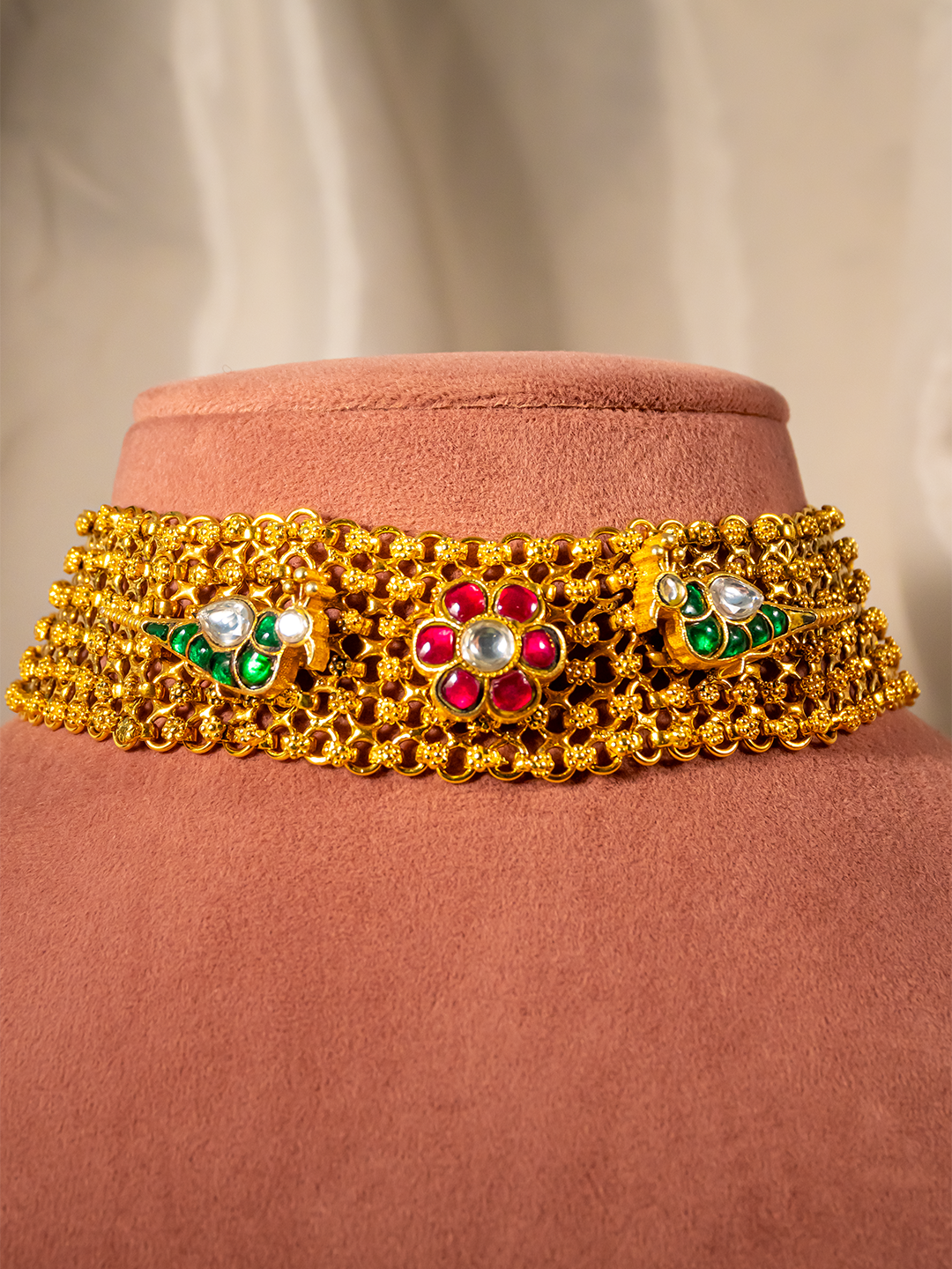 Navratna floral gold-plated silver choker with multicolour stones by Hardik Jewels