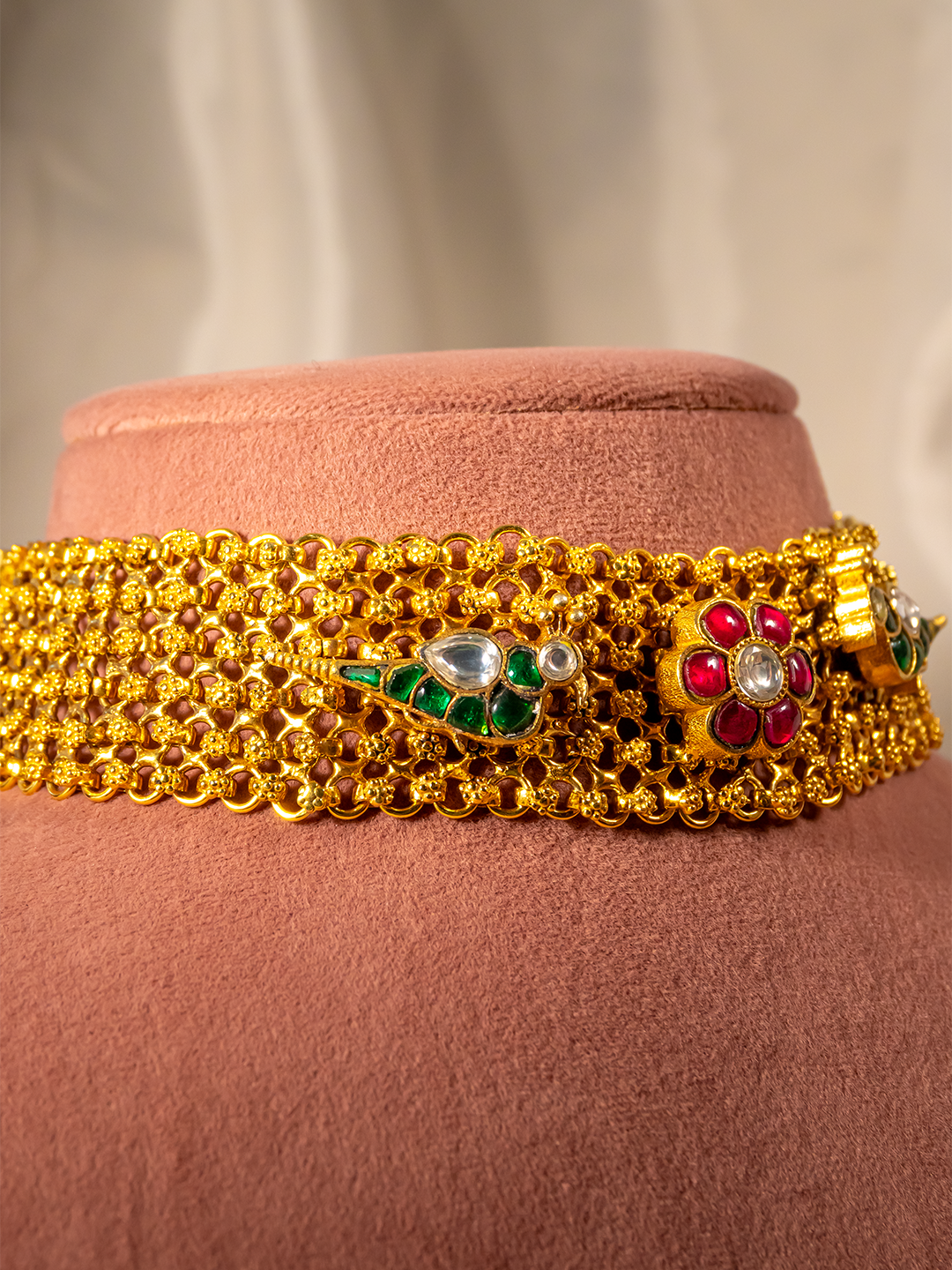 Navratna floral gold-plated silver choker — front detail by Hardik Jewels