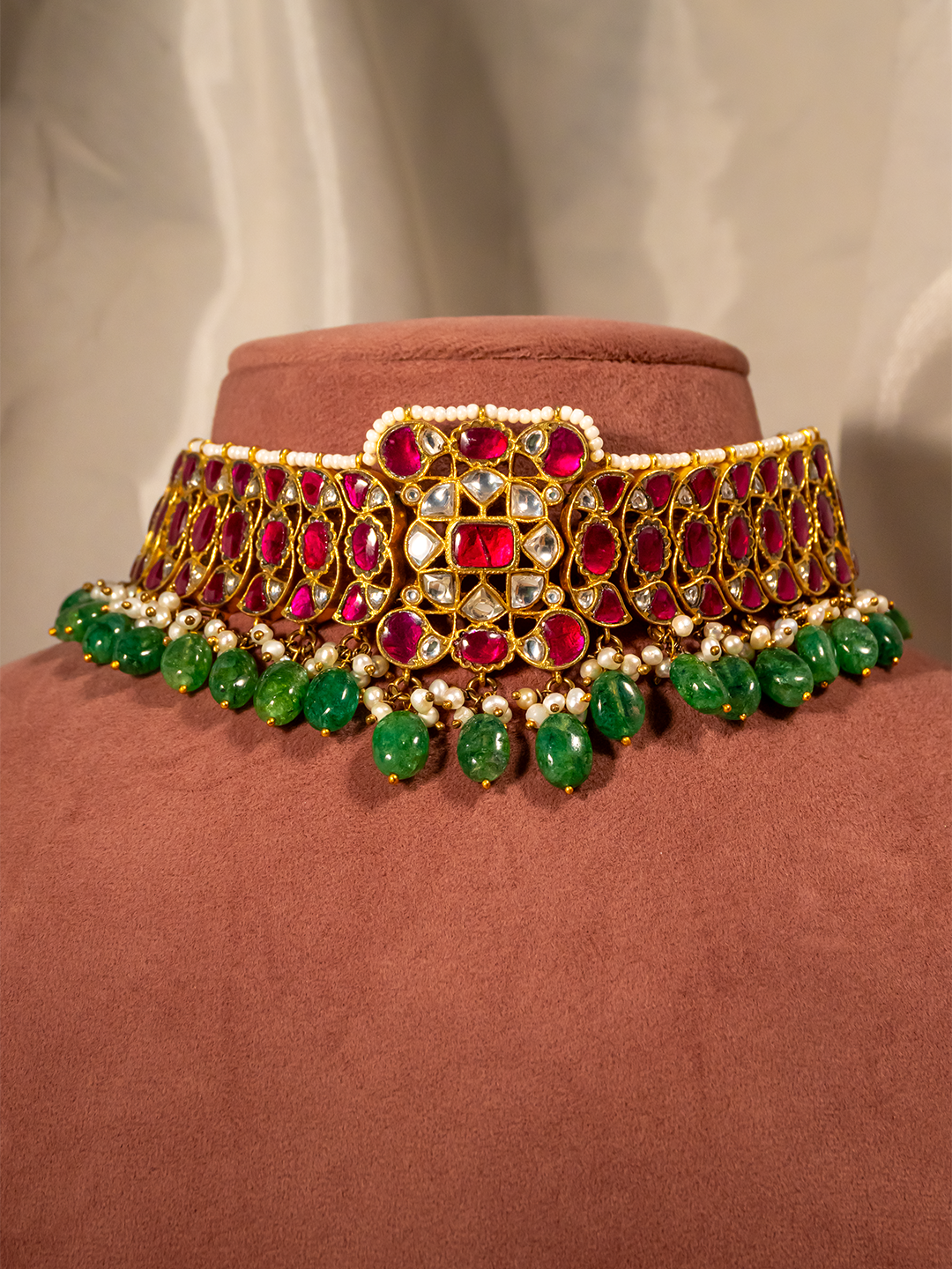 Ruby emerald Kundan silver bridal choker with emerald drops by Hardik Jewels