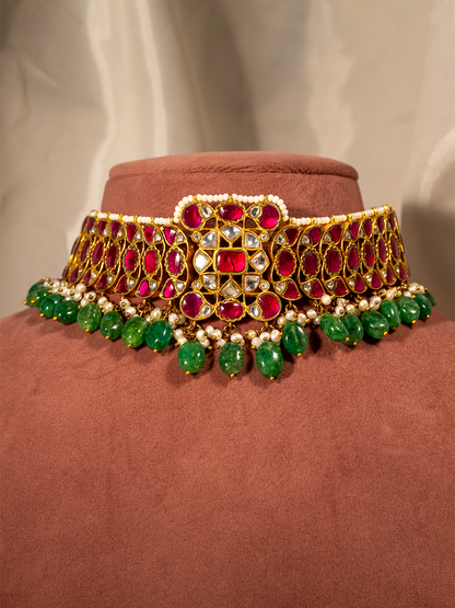 Ruby emerald Kundan silver bridal choker with emerald drops by Hardik Jewels