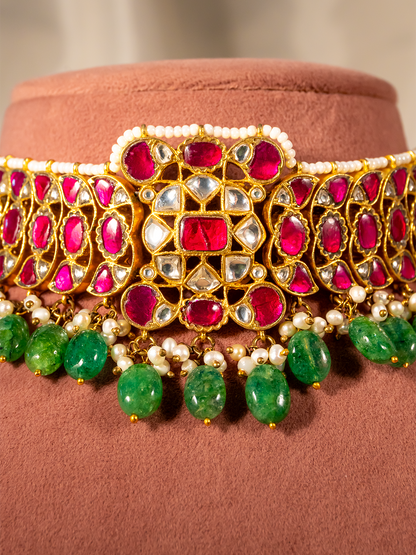 Ruby emerald Kundan silver bridal choker — front detail by Hardik Jewels