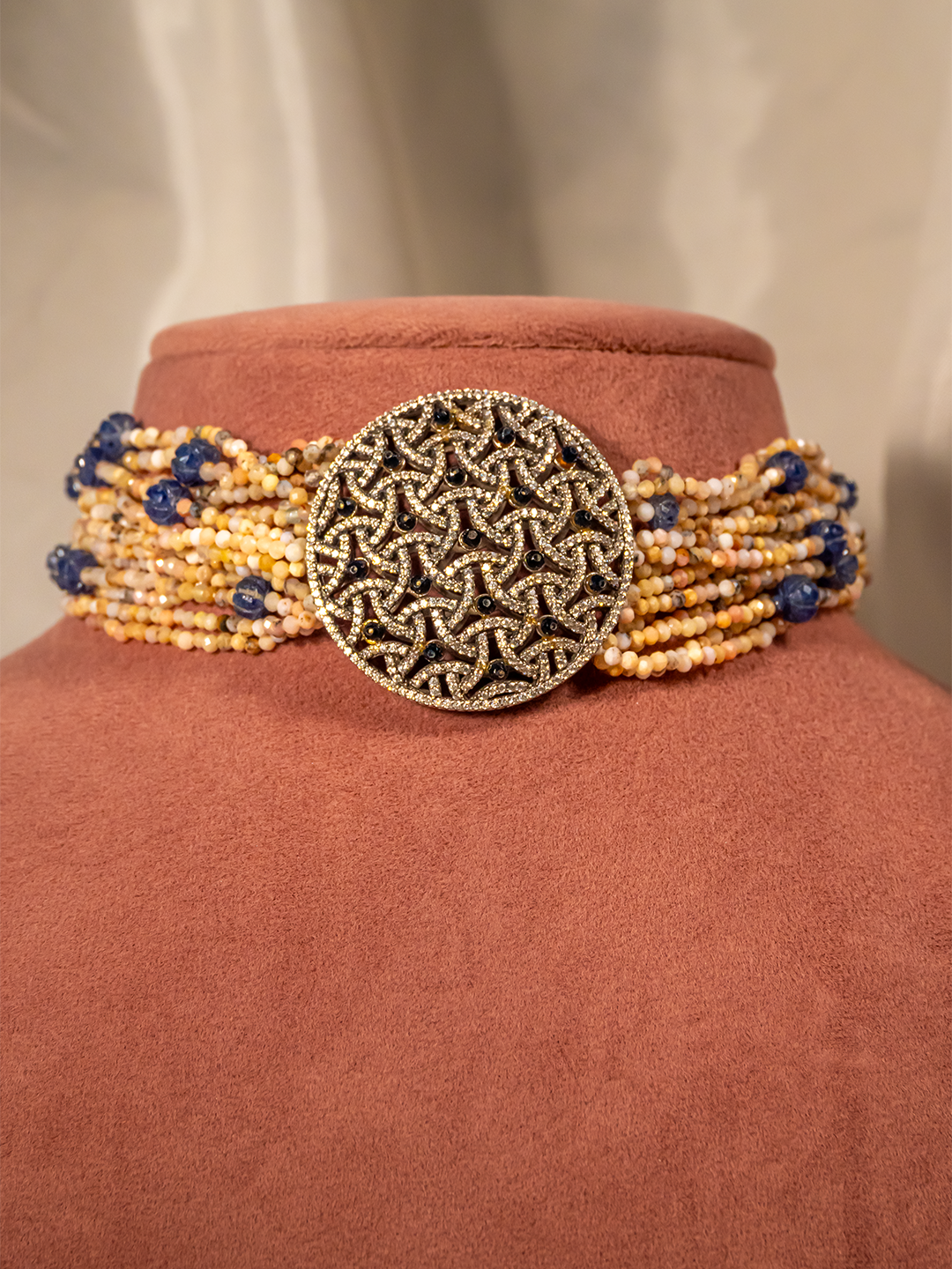 Blue beaded Victorian silver choker necklace with multi-strand beads by Hardik Jewels