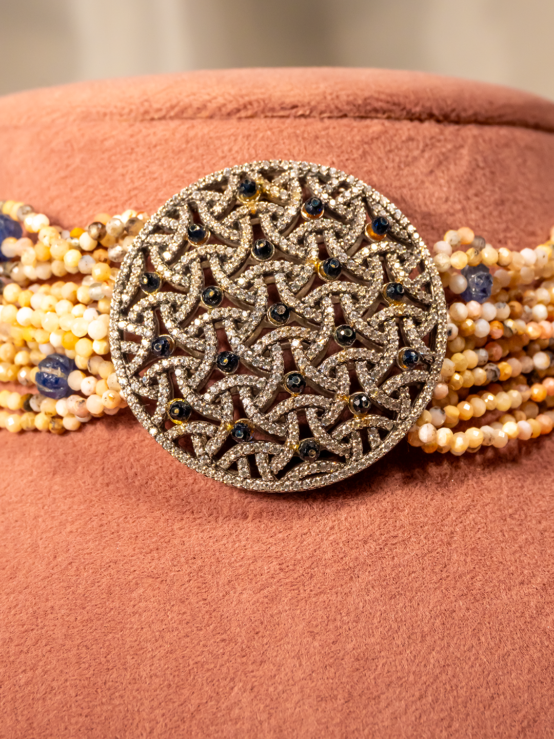 Blue beaded Victorian silver choker — front detail by Hardik Jewels